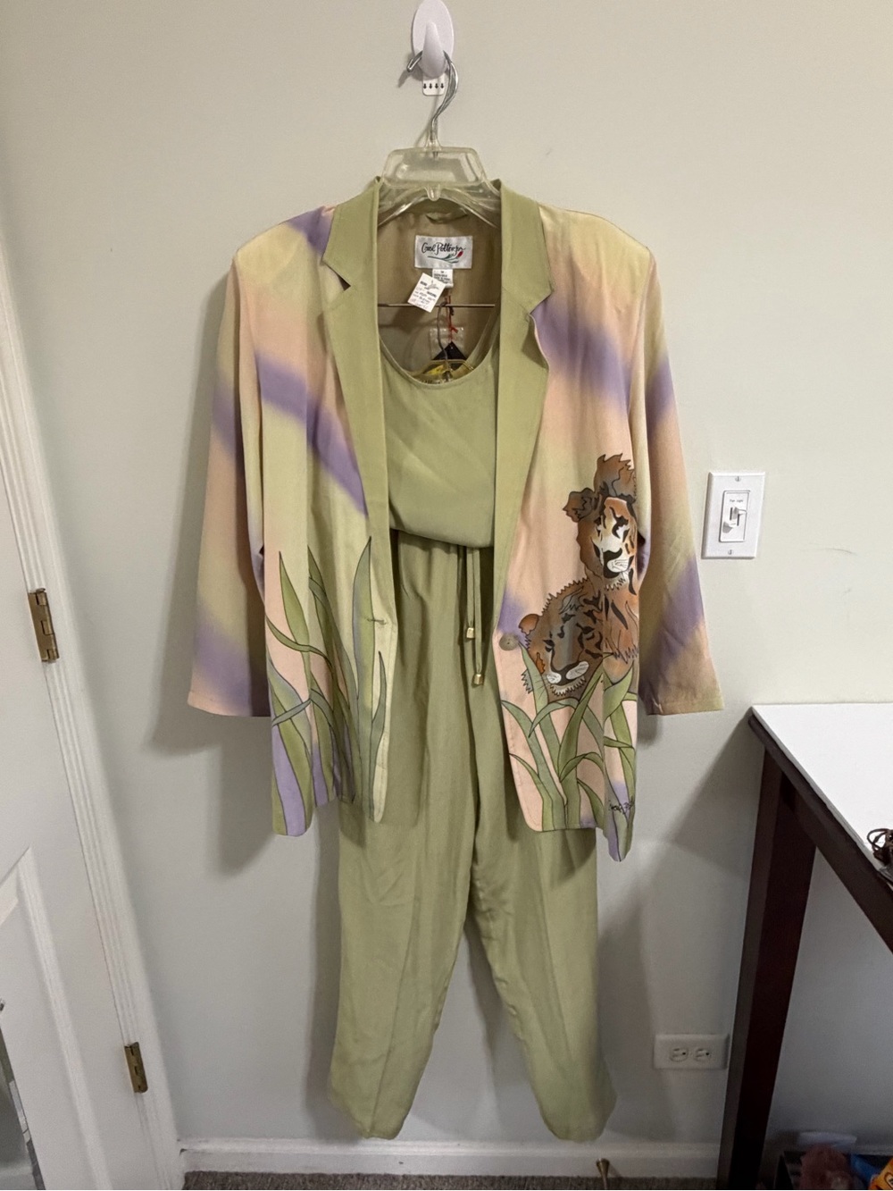VTG Carol Patterson 100% Silk 3pc Pant Suit Lion Tiger Art to Wear M NWT MINT